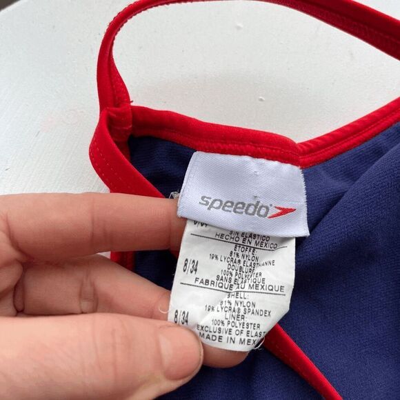 Vintage Y2K Speedo Lifeguard Swimsuit 8/34 Strappy One-Piece 90s Red Navy - Picture 7 of 13